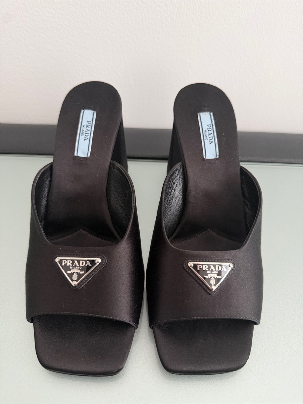 Prada Black Satin Logo Mule Heels with Silver Plaque Size 38 - Picture 6 of 8